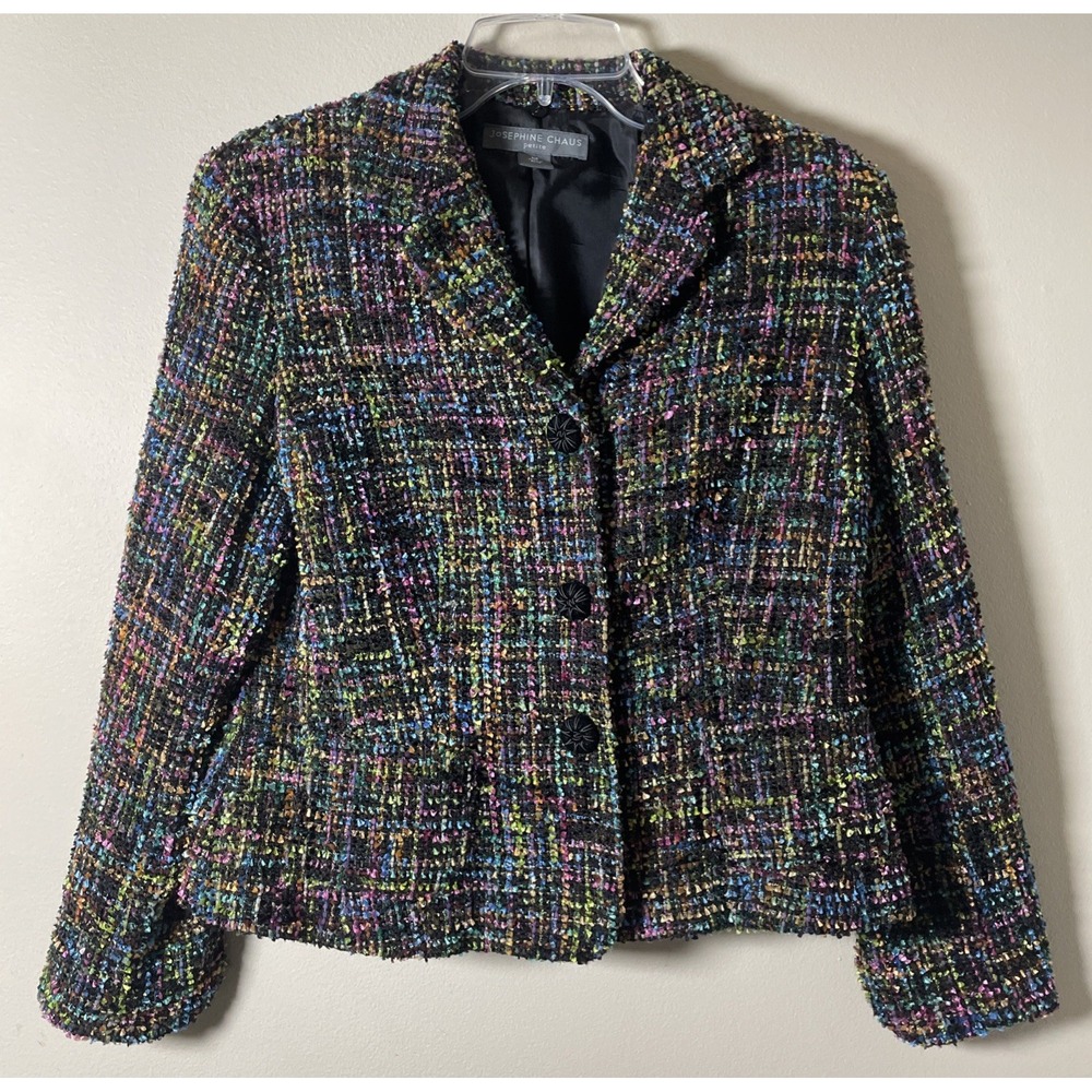 Josephine Chaus Black Rainbow Tweed 3 Button Blazer Women's 10 P Wool Blend